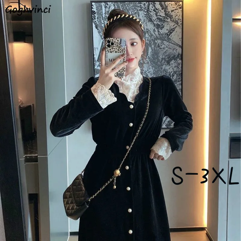 

Women Long Sleeve Dress Oversize S-3XL V-neck Mid-calf A-line Black Korean Style Trendy Leisure Elegant Slim Students Undefined