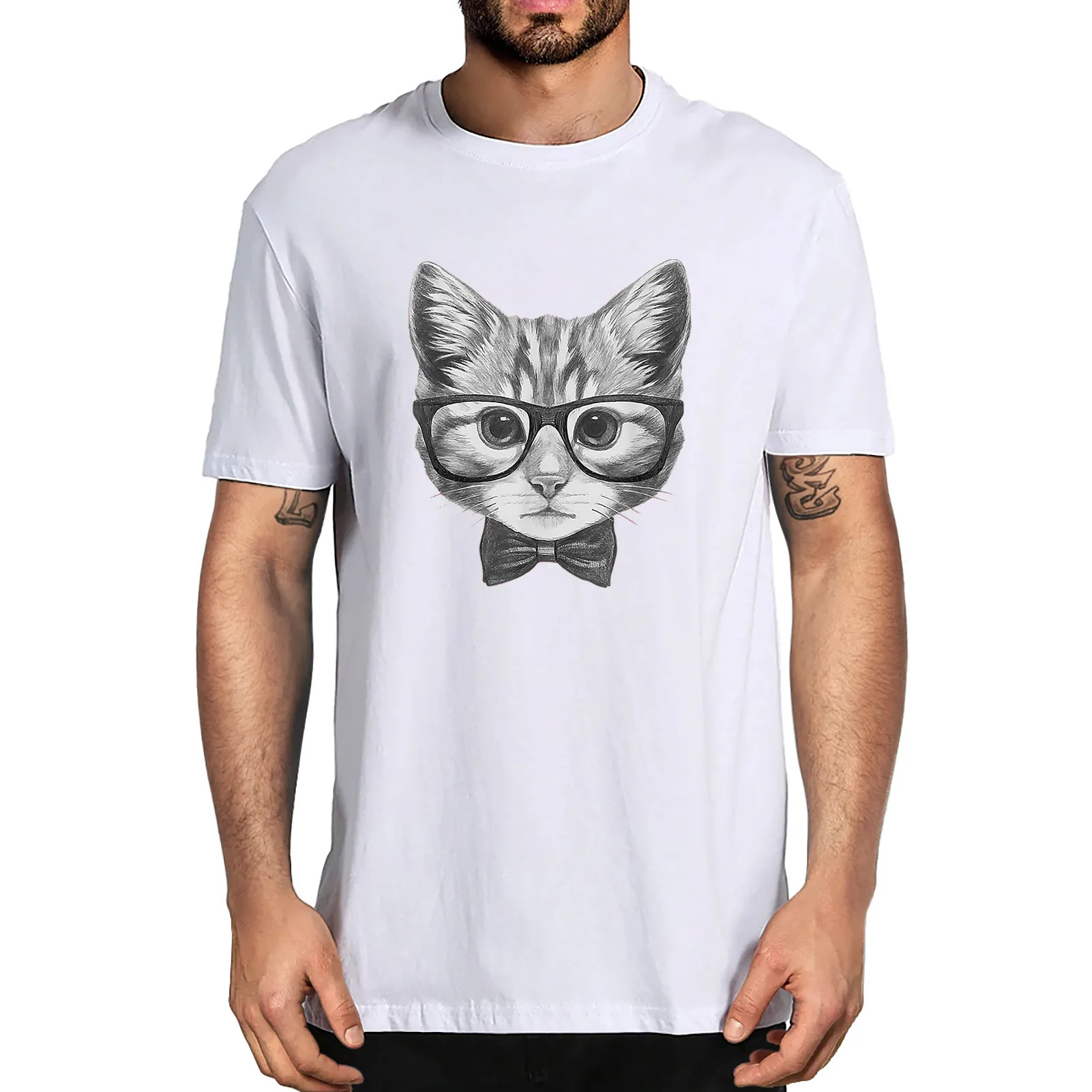 

Fashion Cute Smart Cat Wearing Glasses Bow Tie Funny Cat Men's Lycra T-Shirt Cat Lover Streetwear Women Soft Tee