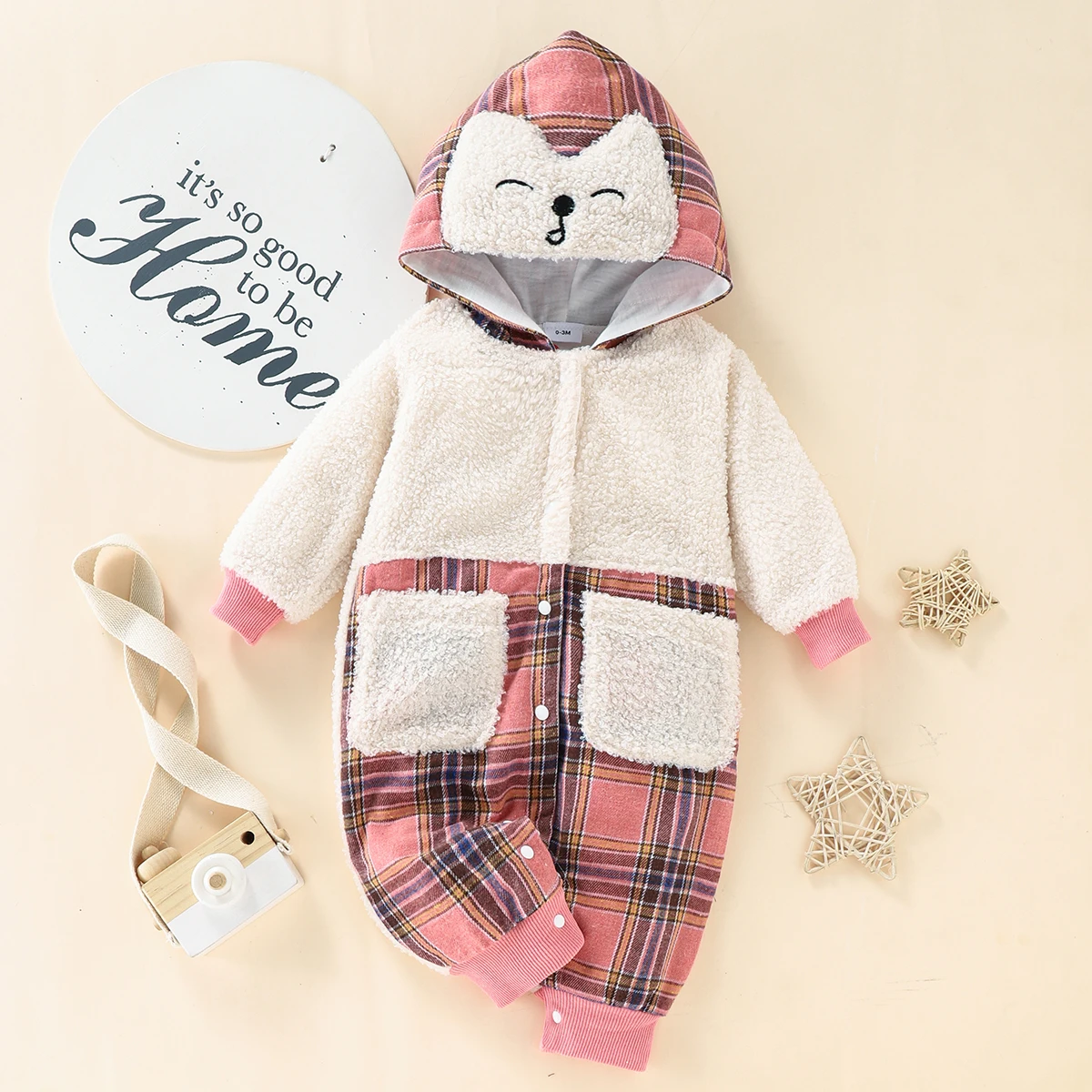 

PatPat Baby Boy/Girl Fuzzy Fleece Splicing Plaid Hooded Long-sleeve Jumpsuit