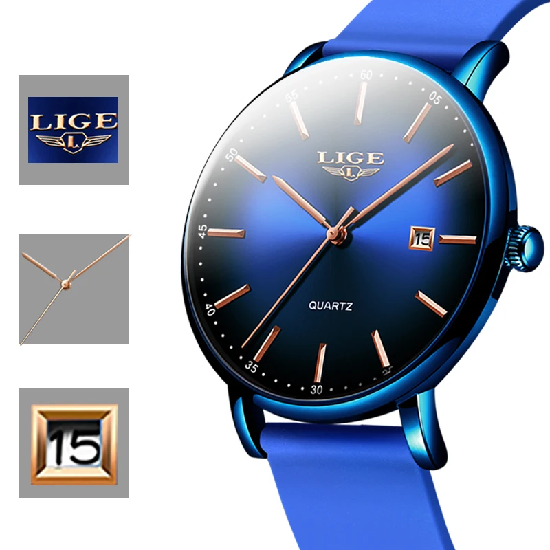 Часы наручные LIGE мужские с кожаным ремешком модные брендовые водонепроницаемые
