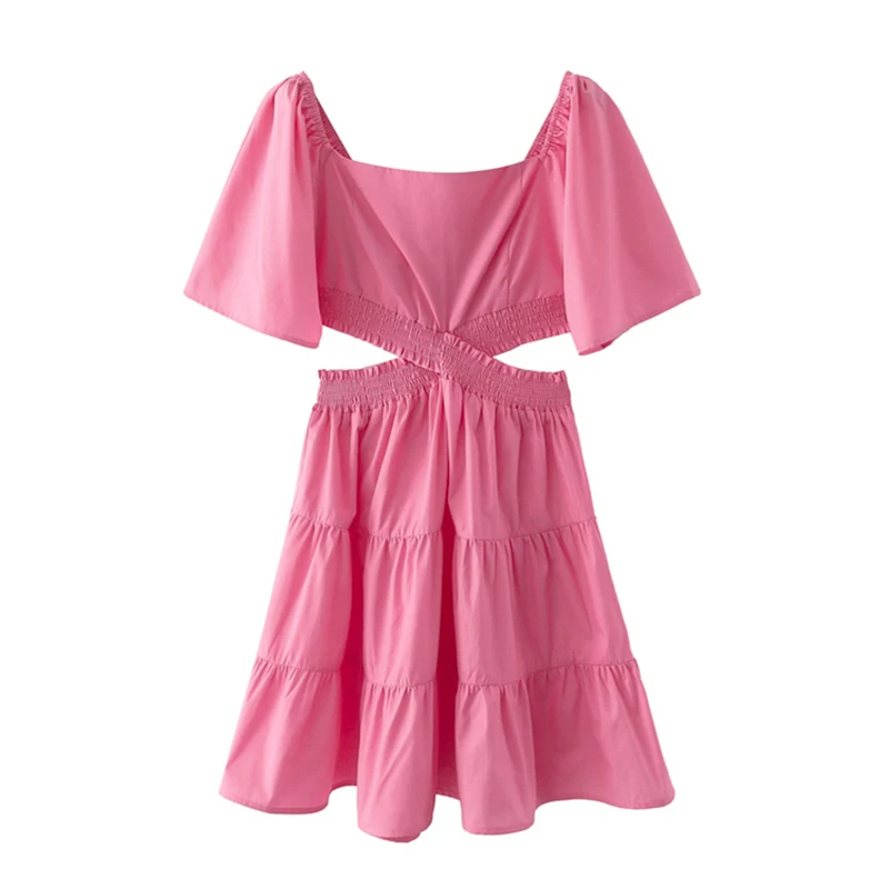 

YENKYE Summer Women Hot Pink Sexy Waist Hollow Out Dress Female Square Neck Short Sleeve Casual Cotton Dress Short Vestido