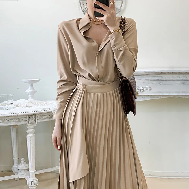 

Casual Lapel Women Shirt Dress Elegant Single-breasted Lace-up Female Pleated Office Ladies Dress Autumn Vestidos 2021 DS347