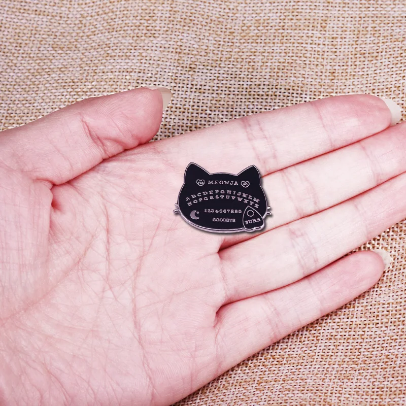Cat Ouija Board Enamel Pin Black and Spooky Cute Divination Accessory | Brooches