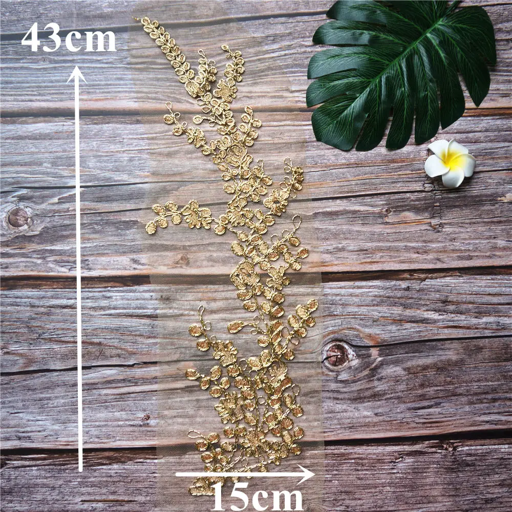 Золотая вышитая Цветочная аппликация кружевная ткань отделка воротника