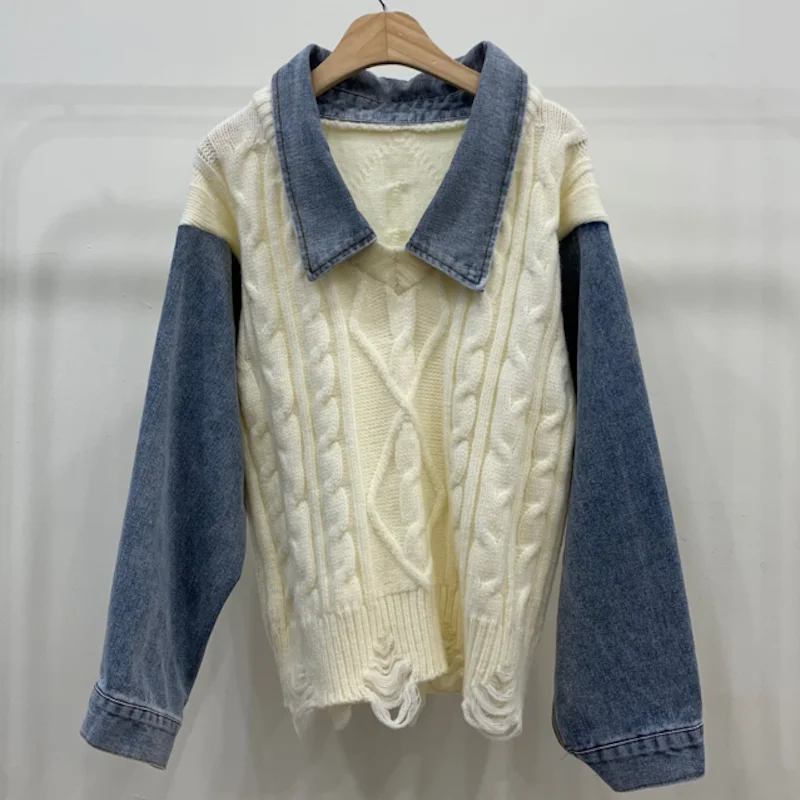 

Fall Winter 2021 New Knit Pullover Sweaters Women Loose Fake Two-piece Sweater Korean Fashion Denim Stitching Polo Collar Tops