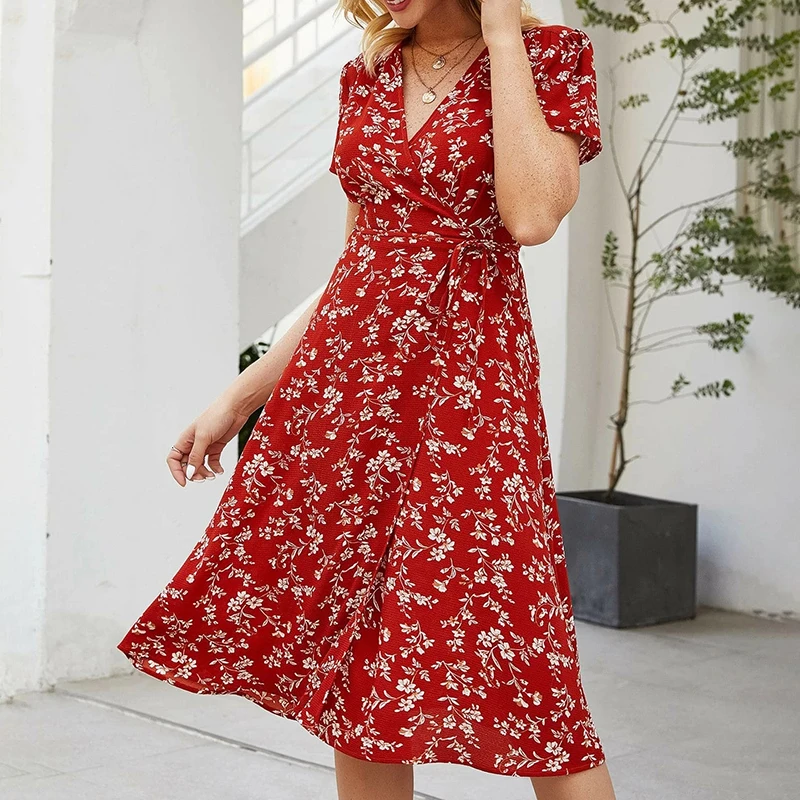 Ardm Élégant Col en V Imprimé Floral Dames De Bureau платье летнее женское2021 À Lacets Manches Courtes À Volants Doux Soirée Maxi Robe