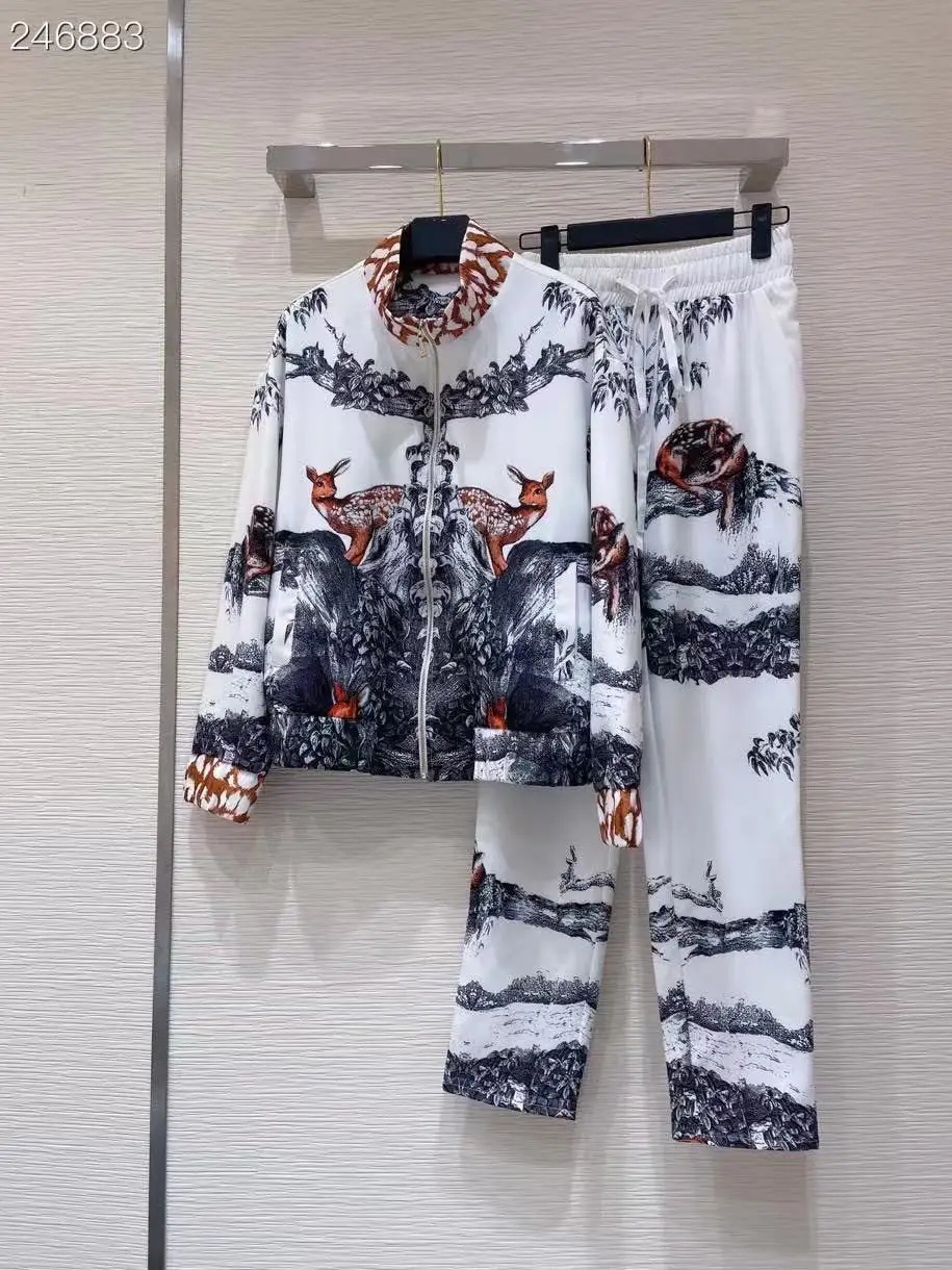 

HIGH QUALITY New 2021 Designer Runway Suit Set Women's Long sleeve Jacket + Waist Elastic Long Pant Print Set