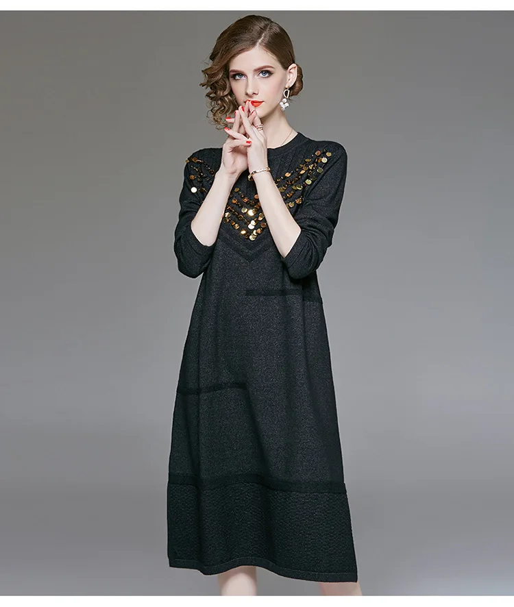 VERDEJULIAY Runway Women Knitted Dress Luxury Autumn Winter High Quality Full Sleeve Sequined Loose Long Dress Vestidos