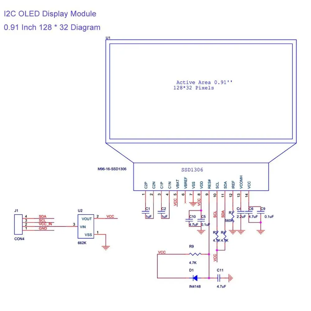 0 91 ''ЖК-дисплей IC DIY модуль OLED SSD1306 для Anduino 128x32 I2C Белый Синий DC 5V дюйма 6Pin IIC