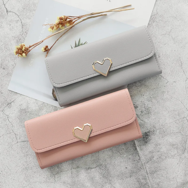

New Cute PU Leather Purse Heart-shaped Decoration Long Multi-card Wallet Purse Buckle Clutch Mobile Phone Student Women's Wallet