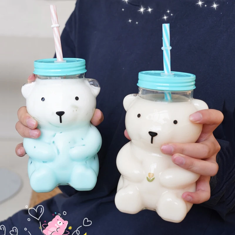 550ml Cute Cartoon Bear Sippy Cup Creative Heat Resistant Glass Water Bottle With Straw Juice Milk Kids Clear Drinking Bottles | Дом и сад