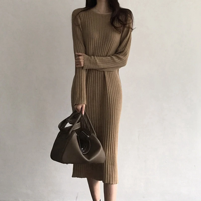 Вязаное плотное теплое однотонное осеннее женское тонкое мягкое платье с