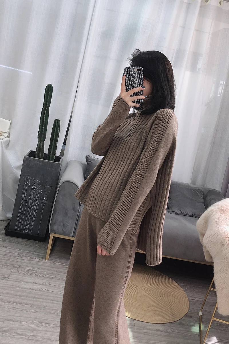 

Wool Knit Suit Woman Turtleneck Sweater + Wide Leg Pants Fashion 2020 Special Offer Direct Selling Full Winter Female Two-piece