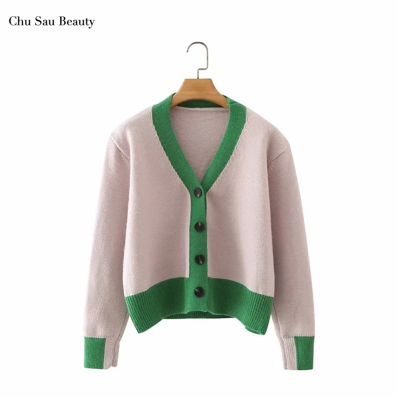 

Chu Sau Beauty 2021 Autumn Women's Color Block Knit Cardigan Long Sleeve V-Neck Single-Breasted Top Retro Fashion College Style