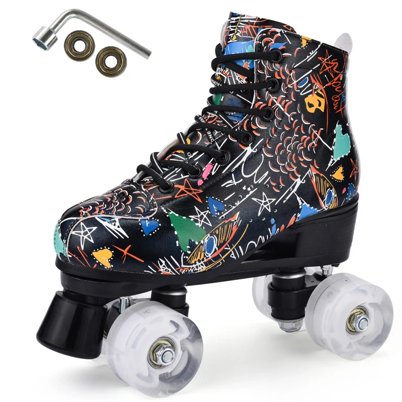 Black Microfiber Graffi Printing Leather Woman Roller Skates Double-Row 4 Wheels Man Skating Shoes Patines Europe Size 36-45