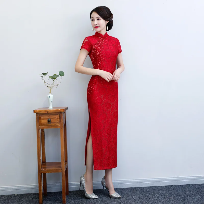 Большие размеры 4XL, китайское Стильное женское кружевное платье с цветочным узором, Ципао, Стильное женское платье с коротким рукавом, для шоу на сцене, Cheongsam