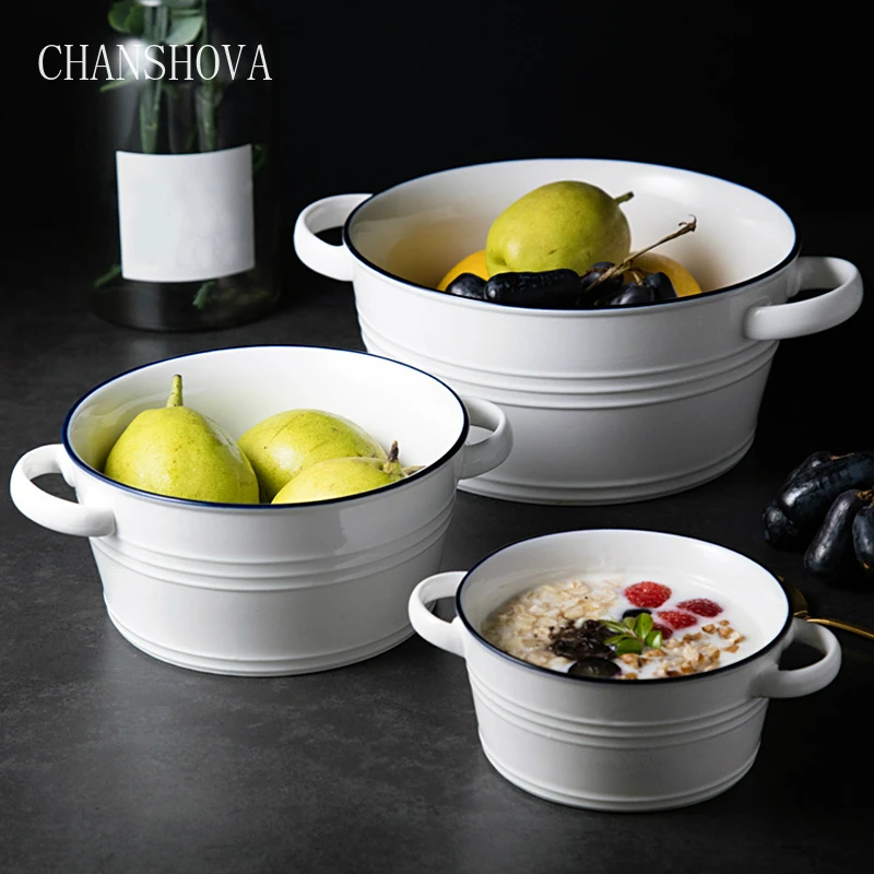 

CHANSHOVA Modern Simplicity Double-eared Handle Round Ceramic Soup Tureen High Capacity Porcelain Serving Bowls for Home H218