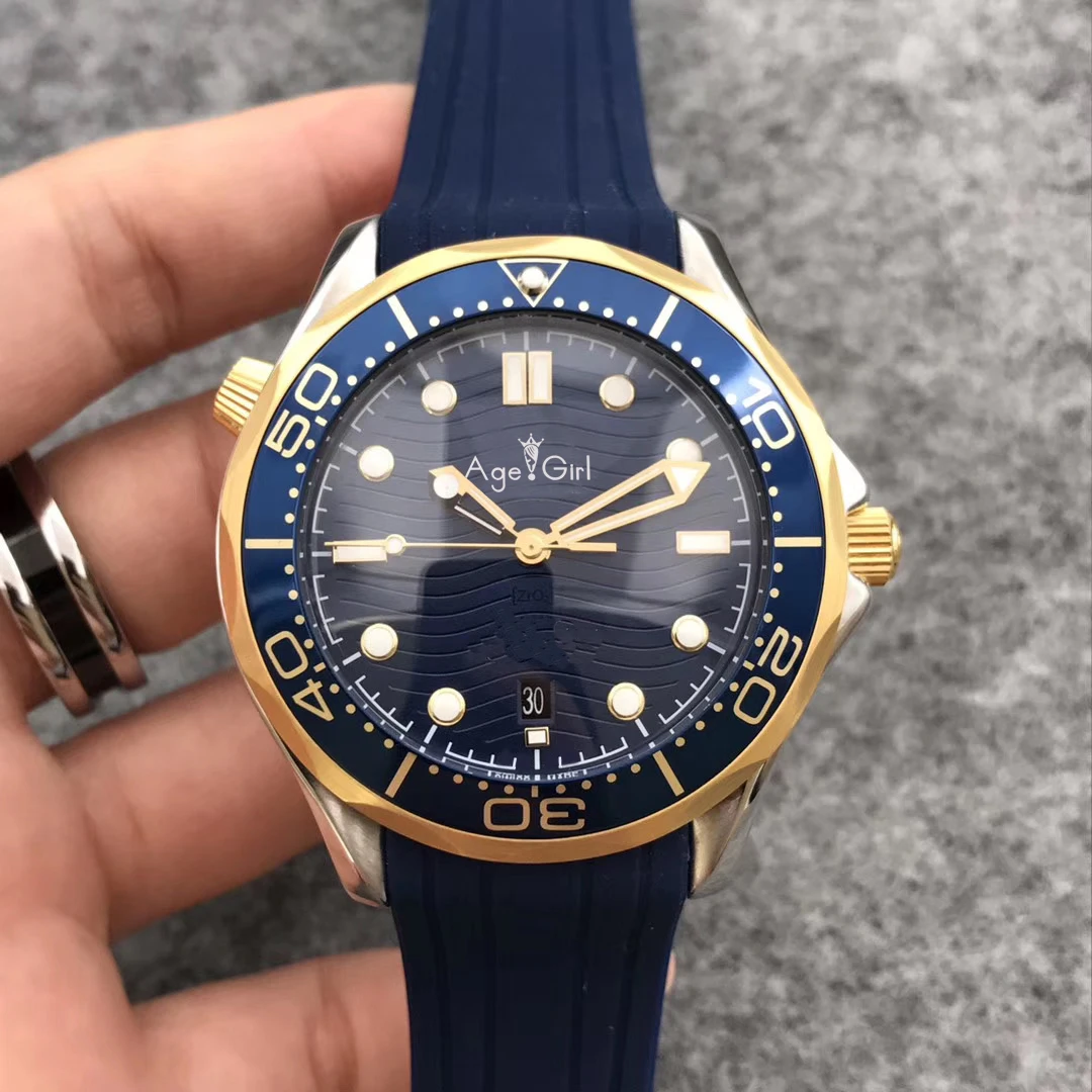 

Luxury New Men Automatic Mechanical Yellow Gold Black Blue James Bond 007 Rubber Ceramic Bezel Crystal Sapphire Watch AAA+