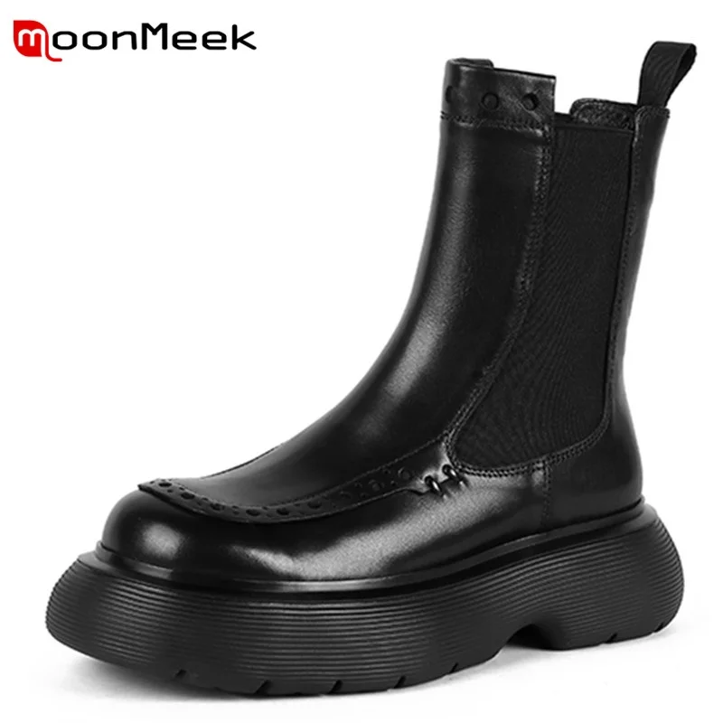 

Женские ботильоны на меху MoonMeek, Зимние удобные ботинки на платформе и высоком каблуке, из воловьей кожи, 2022