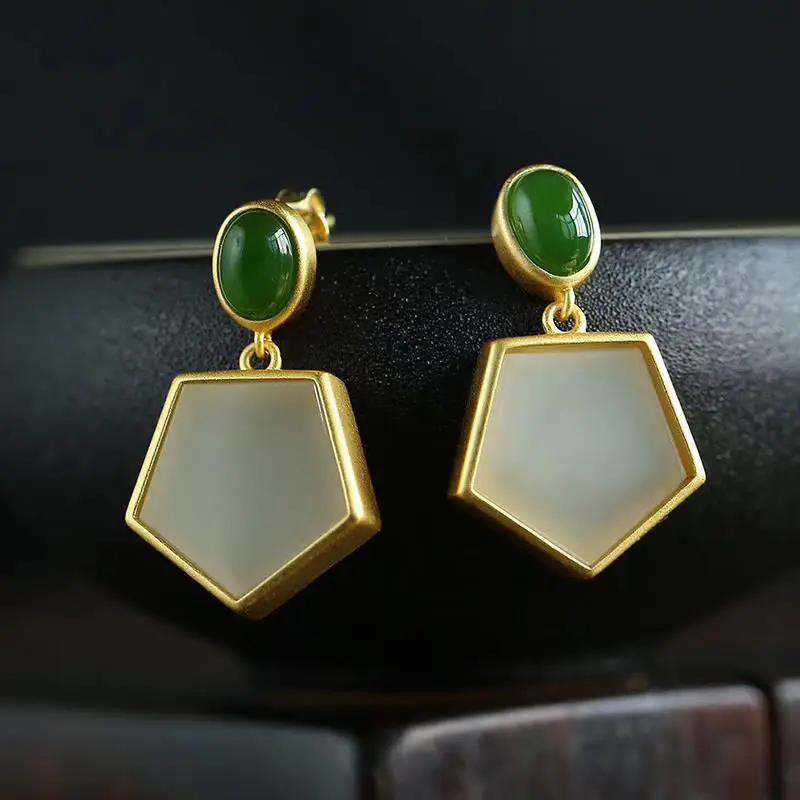 

Natural Hetian Jade Earrings Female Jue Suet Earrings Sterling Silver S925 Elegant Retro Geometric Fashionable Earrings