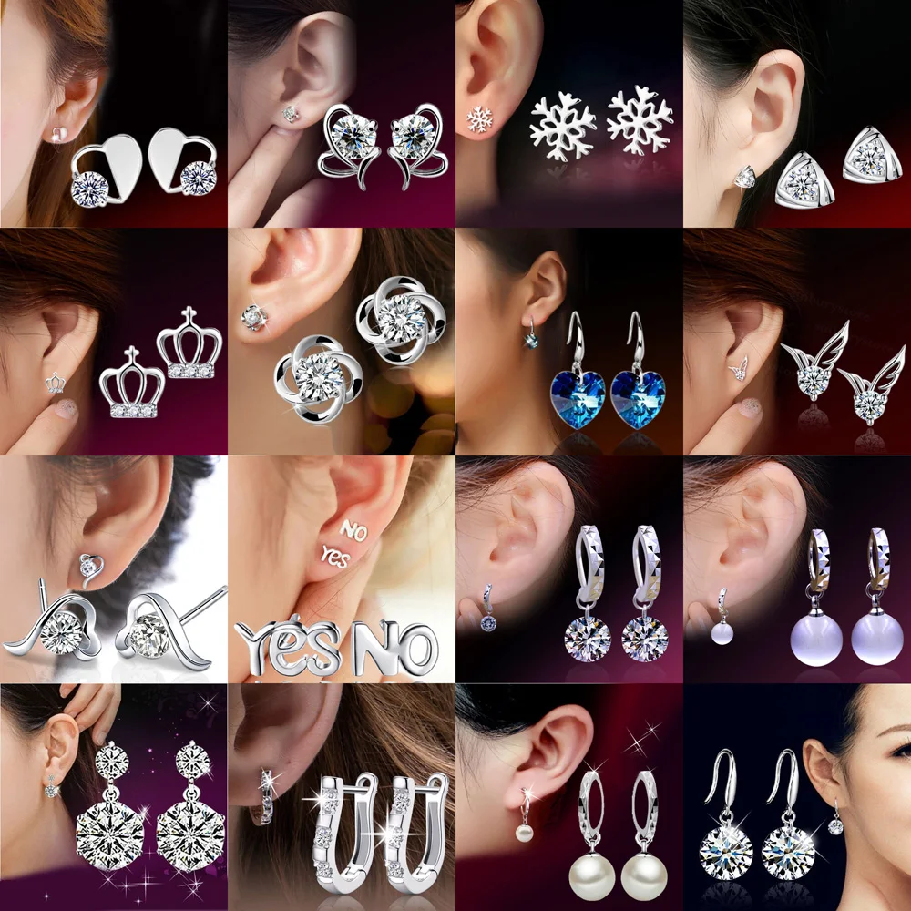 Женские серьги гвоздики с подвеской в виде сердца снежинки треугольника короны