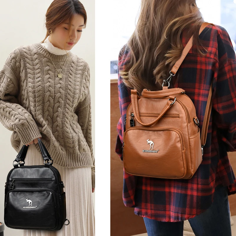 

Fashion Backpacks Women PU Leather Designer Crossbody Purse Bags Multifunction Mochila Para Mujer Soft Multiple Pockets Handbag