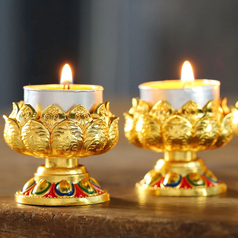 Embossed Buddhist Candle Cup Zinc Alloy Flower Golden Candlestick Tibetan Wedding Lamp Holde Dinner Home Table Decoration