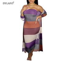 multicolor striped print 2 two piece set for women strapless ribbed bandage maxi dressfull sleeve extra long coat outfits