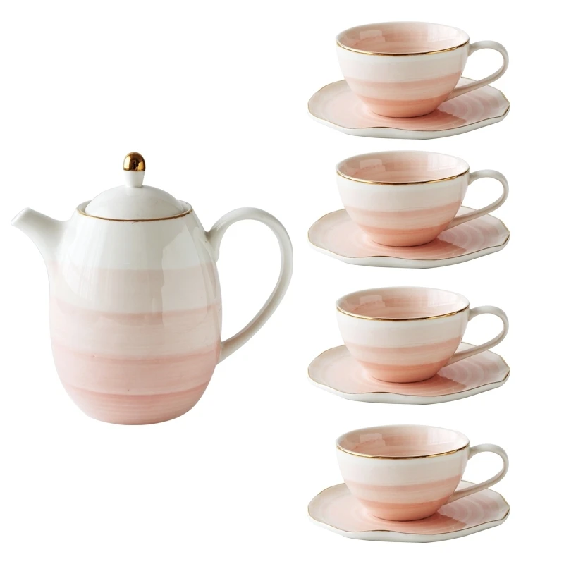 pink pot 4 cup Розовая мраморная керамика молоко кофе кружка, кружка для чая с восьмиугольная форма блюдце позолоченная полка чайная кружка, сосуды для питья набор подарки другу - Цвет: pink pot 4 cup