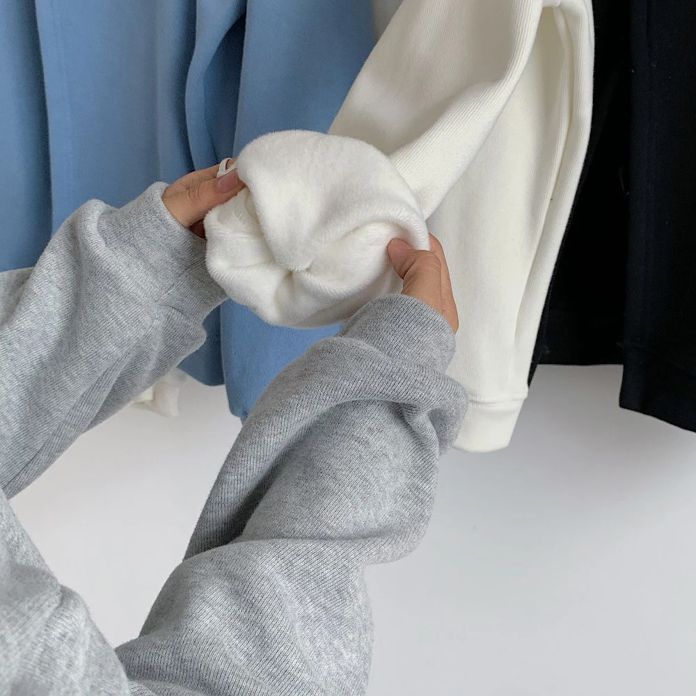 

Autumn Winter New Korean Style Plus Velvet Split Sweatshirts Women Fashion Loose Casual Top Solid Pullovers Oversized Jumper