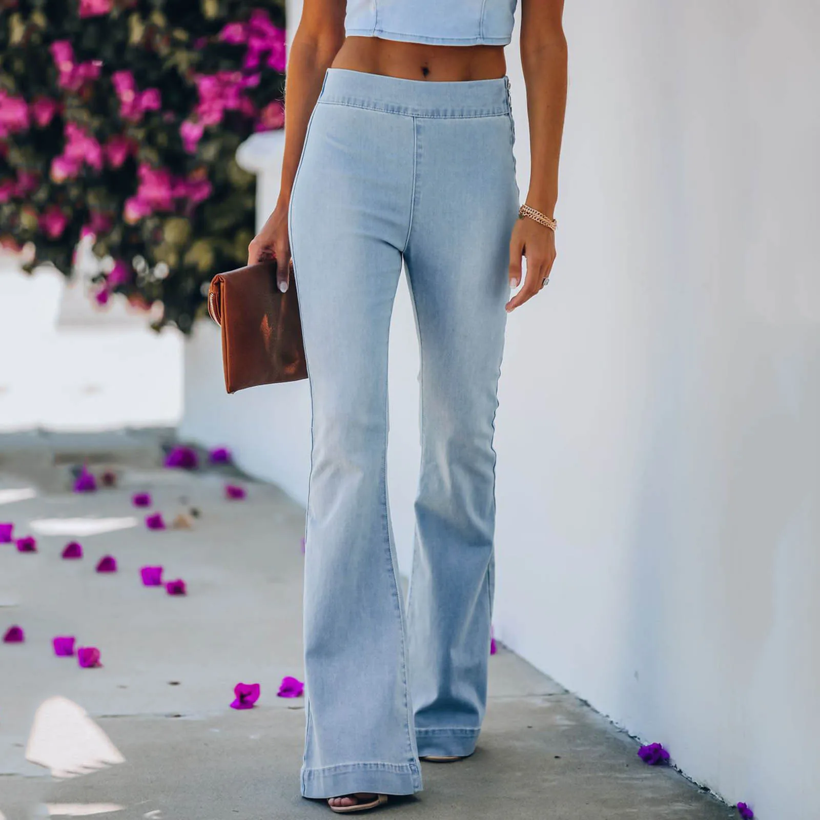 

Light Blue Jeans Women High Waist Side Zipper Elastic Trousers Slim Fare Denim Jeans Autumn Vintage Wide Legs Straight Pants T6