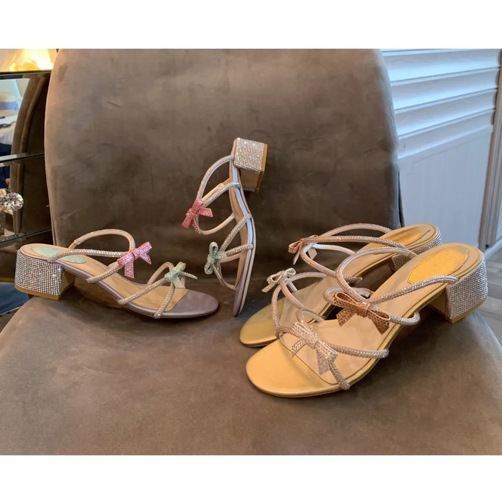

Prowow Bling Shoes Woman Crystal Zapatos De Mujer Bow High Heel Summer Slippers Party Purple Pink Leather Women Shoes Mid Heel