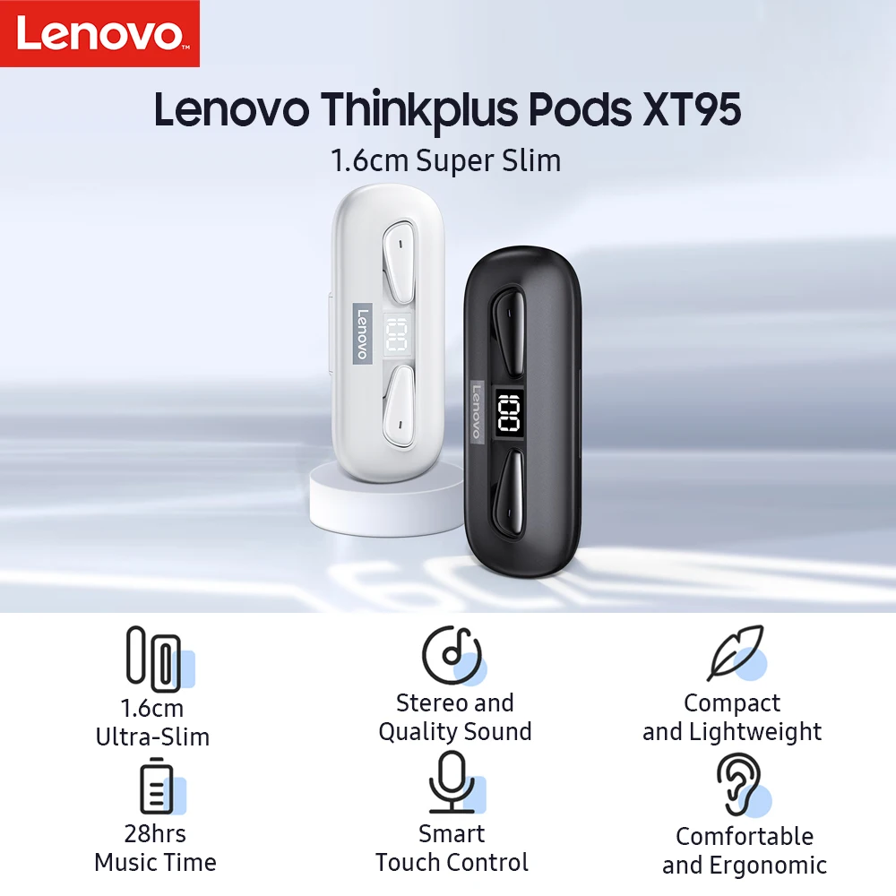

Lenovo Thinkplus Pods XT95 True Wireless Stereo Earphones BT5.0 Headphones with 28hrs Music Time/13mm Moving Coil/AAC+SBC/MIC