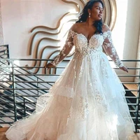 plus size a line wedding dresses long sleeves puffy tulle bridal gowns appliqued lace ruched open back african bride dress