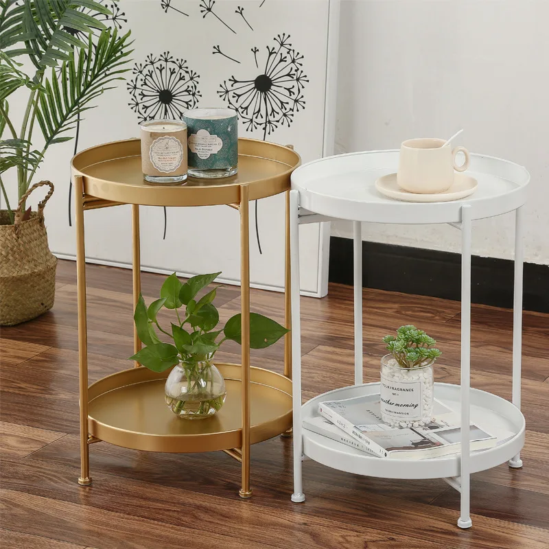 

Metal Round Small Table Coffee Table with 2 Layer Detachable Storage Tray for Sofa Bed Side Living Room Bedside Table
