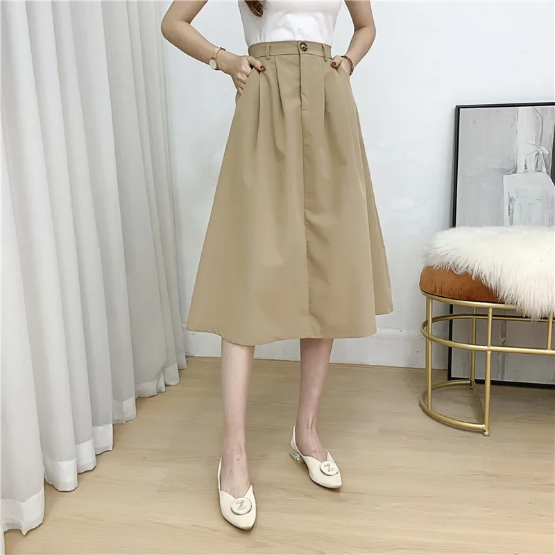 

Korean High Waist A Line Skirts Womens 2020 Autumn Winter Elastic Waist Solid Slim Fit Cargo Skirt Elegant OL Midi Skirt