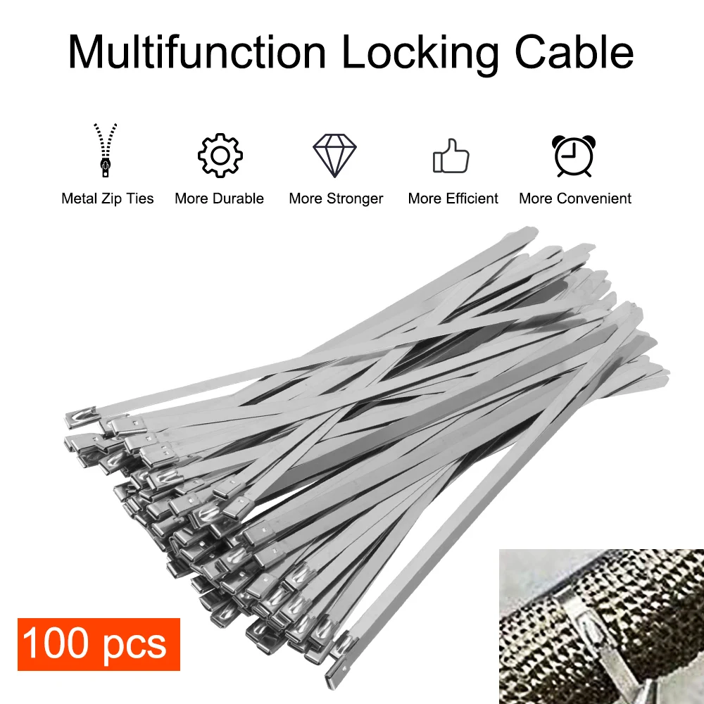 Abraçadeiras de Aço Milímetros de Largura Metal Envoltório Escape Tiemulti-purpose Self-locking Cabo Laços Zip Inoxidável 4.6 100 Pçs – Set