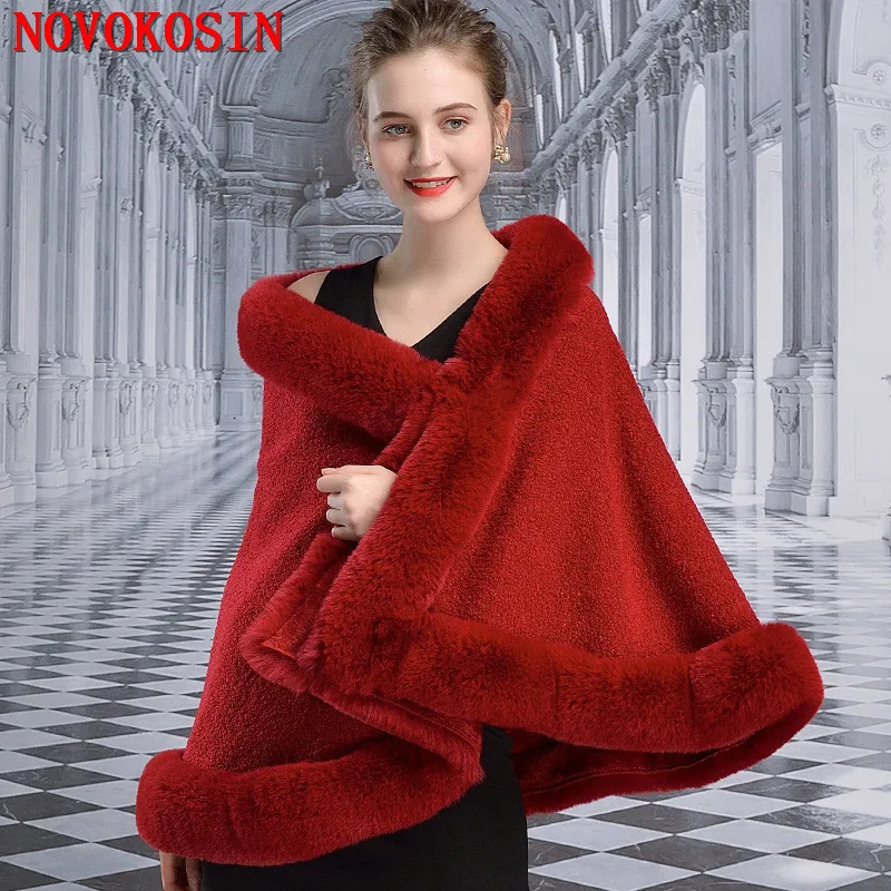 8 Colors Fashion Granular Velvet Big Pendulum Out Streetwear Faux Rabbit Fur Neck Cape Winter Thick Warm Women Poncho Shawl Coat