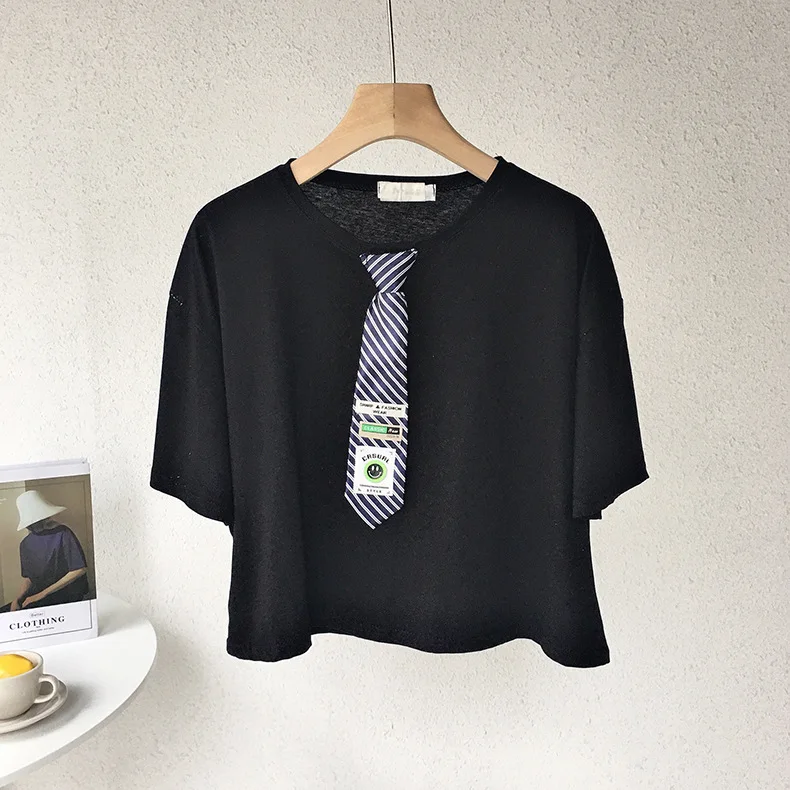 

Summer Women's Short Sleeve Solid Color Academy Round Neck Tie Decorative Short Sleeve Pullover T-shirt