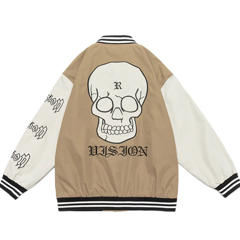 

Men Skeleton Embroidery Vintage Varsity Jackets Couple Japan Harajuku Color Matching Baseball Uniform Fall Loose Fashion Outwear
