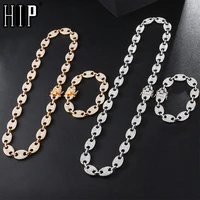 hip hop 1kit bling multicolor coffee bean iced out cz pig nose rhinestone charm link chain necklaces bracelet for men jewelry