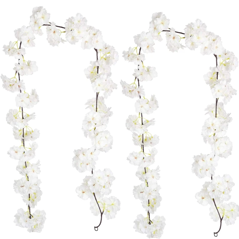 

2Pcs Artificial Cherry Blossom Vine White Petal Flowers Forever Plants Garland for Home Decoration Wedding Party Garden