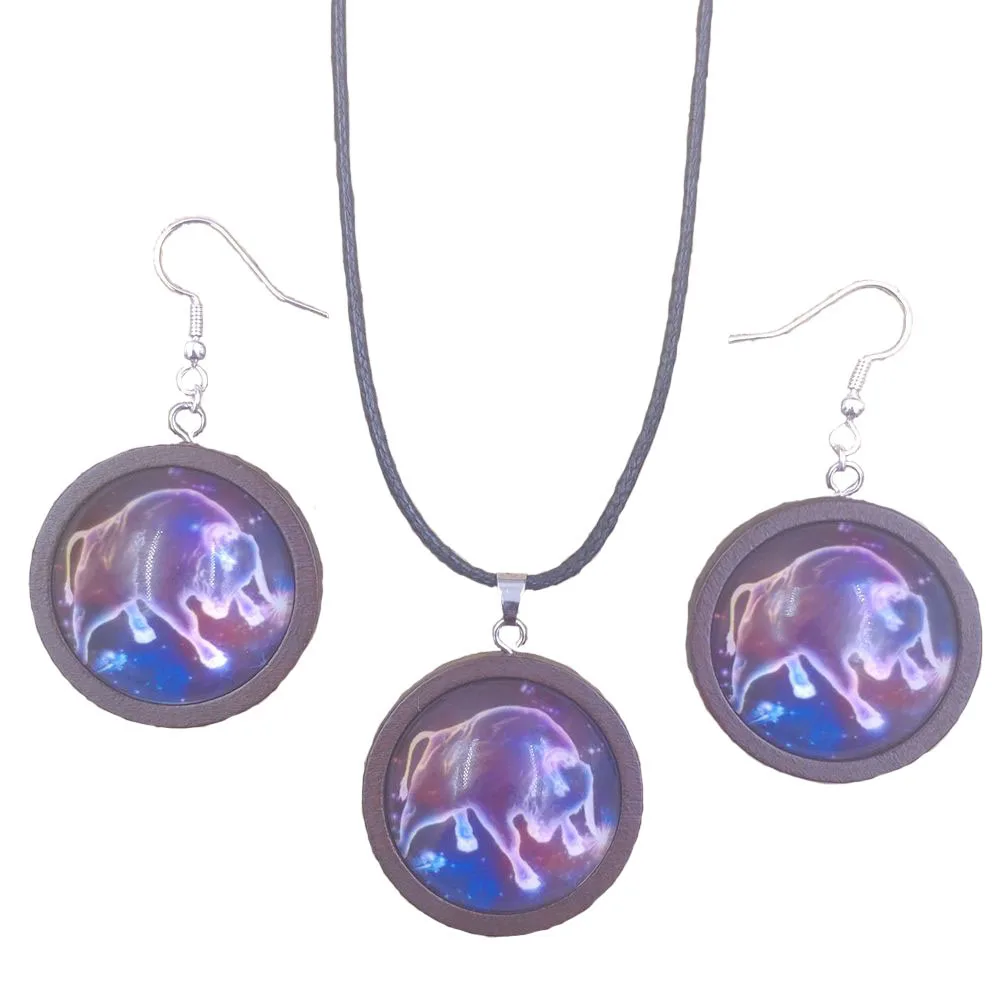 

2021 Twelve Constellations Crystal Glue Jewelry Set Necklace&Earrings Wood Wooden Women Female Girl Drop Shipping AX025-036