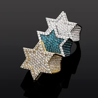 hip hop mint green cubic zirconia bling ice out star hexagram rings for men rapper jewelry gold green color hiphoprock style