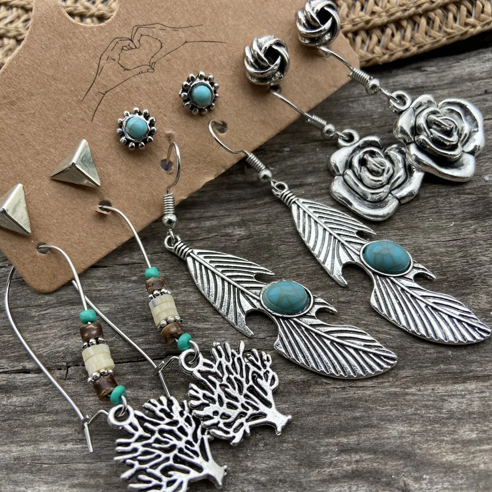 DIEZI Vintage Stud Earrings Set Women Girls New Brinco Sun Flower Moon Leaves Long Tassel Earring Ethnic Fashion Jewelry | Украшения и