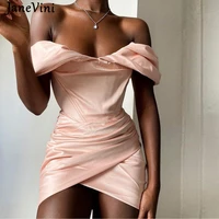 janevini off shoulder ruched women bodycon mini dresses summer solid satin pink female party night club outfit sexy corset dress