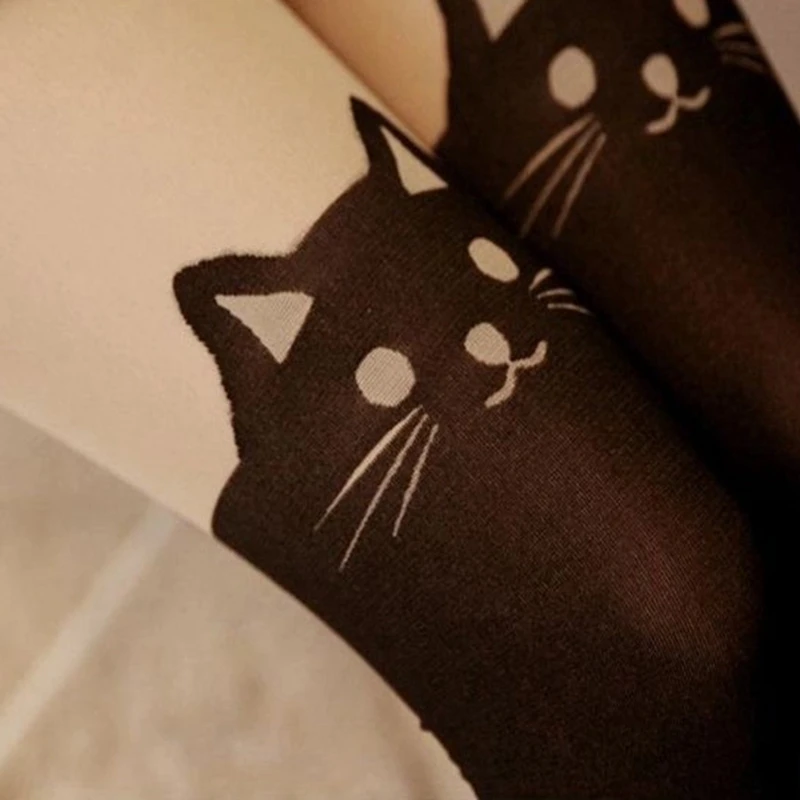 Женские пикантные колготки в стиле Харадзюку С мультяшным котом для девочек
