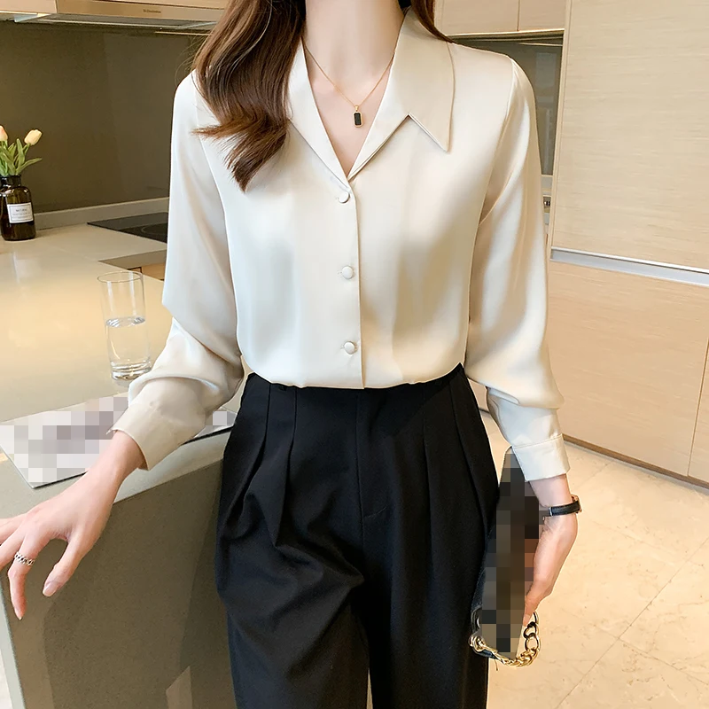 

Женская блузка с длинным рукавом, элегантная однотонная Повседневная рубашка цвета шампанского с отложным воротником, весна-осень 2021