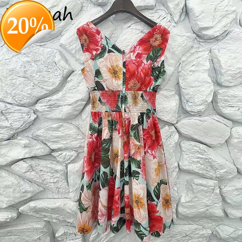 

New 2021 Summer Women Fashion Designer Cotton Dress Sexy V-Section High Tail Floral Print Women A-line Vestidos