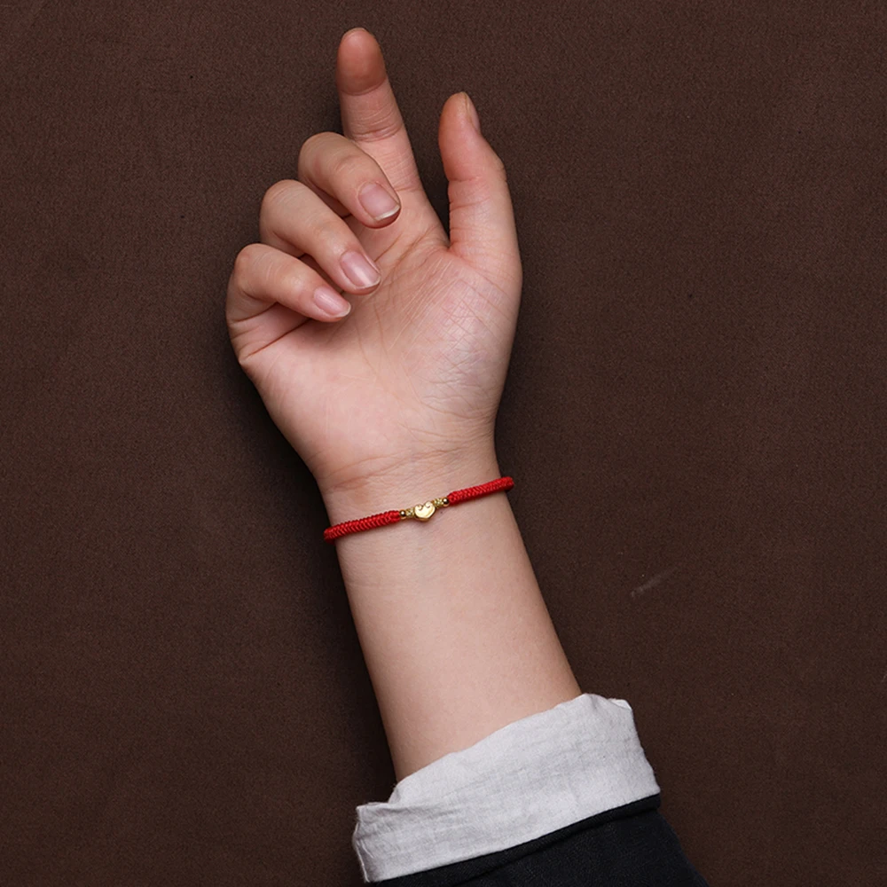 999 реальные 24K желтое золото 3D полые Ruyi с золотыми бусинами Красная Нить